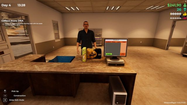 A customer at the counter in Roadside Research, awaiting assistance from the player.