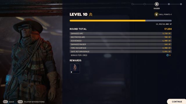 ARC Raiders lots of XP from short run level 10 level up screen