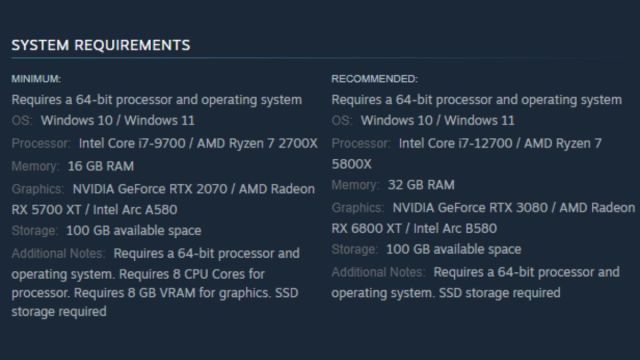 The Borderlands 4 minimum and recommended specifications.