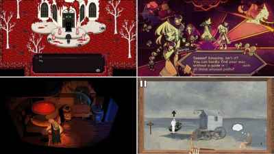 Four of the best free puzzle games on Steam pictured side-by-side with gameplay screenshots.