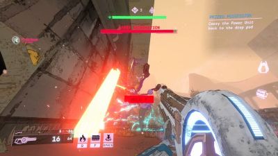 A player fires shots at a large enemy in Mycopunk