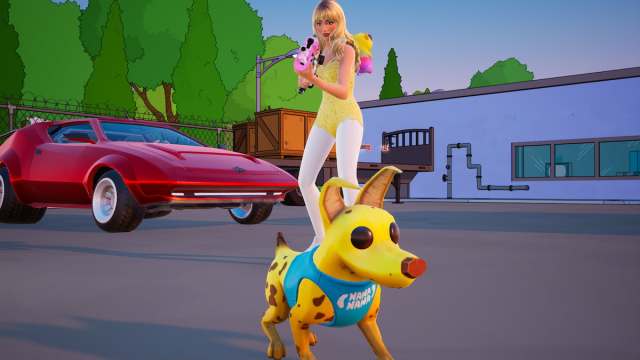 Sabrina Carpenter standing behind peels dog in fortnite
