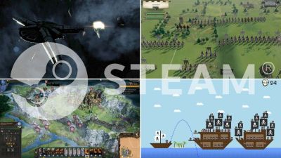 Four free games featured behind a Steam logo.