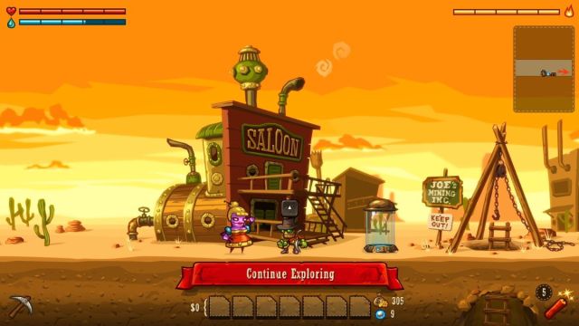 Player in front of the saloon in the mining town in Steamworld Dig.