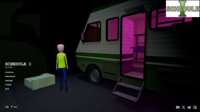 The title screen of Schedule 1, showing the player and a pile of cash in front of an RV.